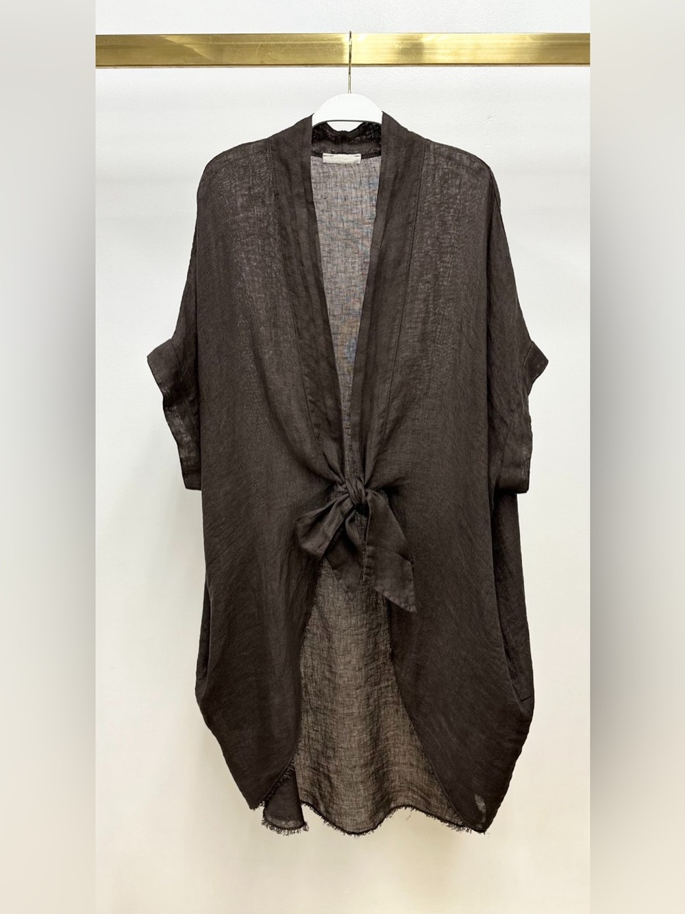 (155153/E3150-CHO) LINEN FRINGE HEM TIE-FRONT KIMONO WITH POCKETS